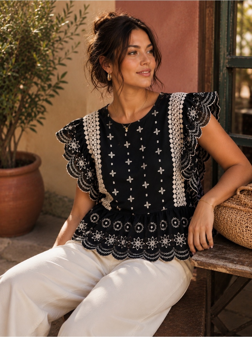 Monograph by Anthropologie Embroidered Flutter-Sleeve Peplum Top LARGE NWT